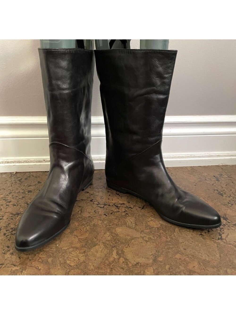 Vintage Black Bally Leather Flat Pointed Toe Mid-Shin Boots - 7 - 7.5, UNWORN!